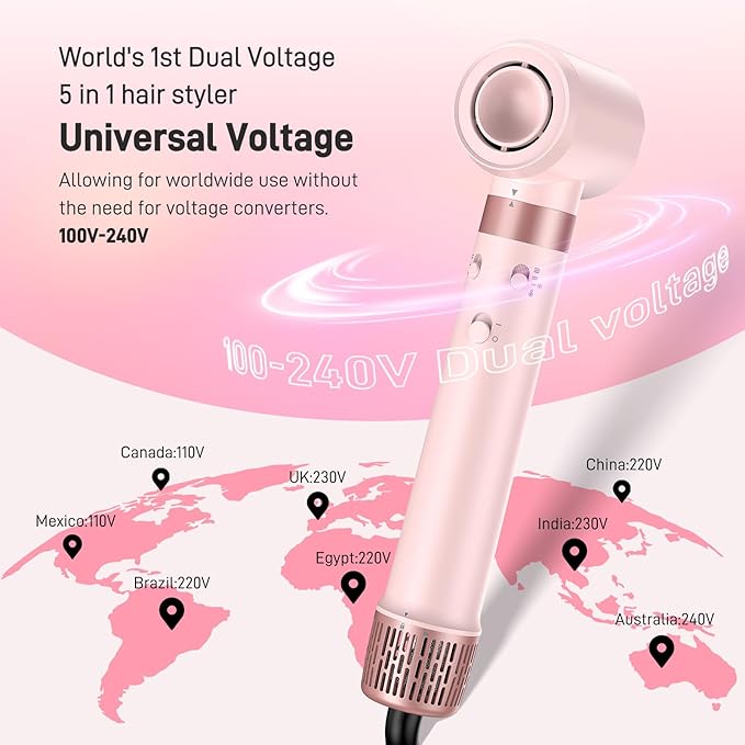 Dual Voltage Hot Air Styler Wrap - 5 in 1 Hair Dryer Brush with Fast Drying Blow Dryer, Styling, Straightening & Volumizing with Travel Bag (100V–240V)