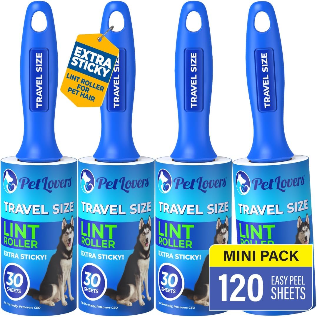 PetLovers Extra Sticky Lint Roller Mega Value Set for Pet Hair Removal and Clothes, Dog and Cat Lint Remover (Blue, 4 Pack Mini)