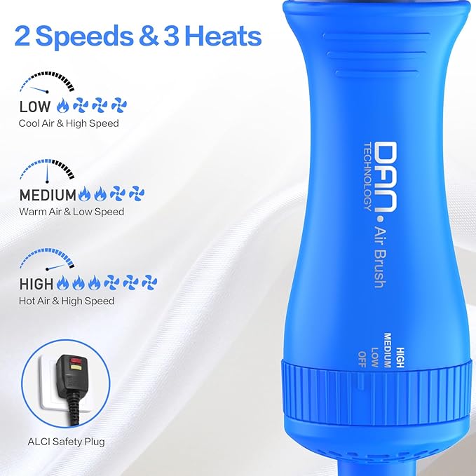 Dan Technology Blow Dryer Brush Hair Dryer Brush Hot Air Blowout Brush 120V 3 Speeds Oval Shape Volumizer Straightener Brush Faster Drying Mini Size Lightweight (Blue)