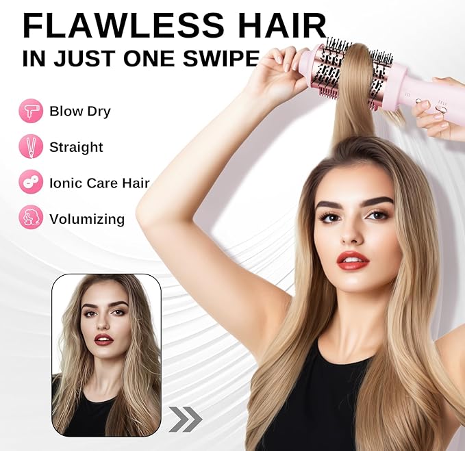 4-in-1 Blow Dryer Brush & Hair Straightener - NOVUS Ionic Hot Air Styler with Titanium Barrel, Volumizer for Frizz-Free Smoothing, Blowout Tool for All Hair Types (Pink)