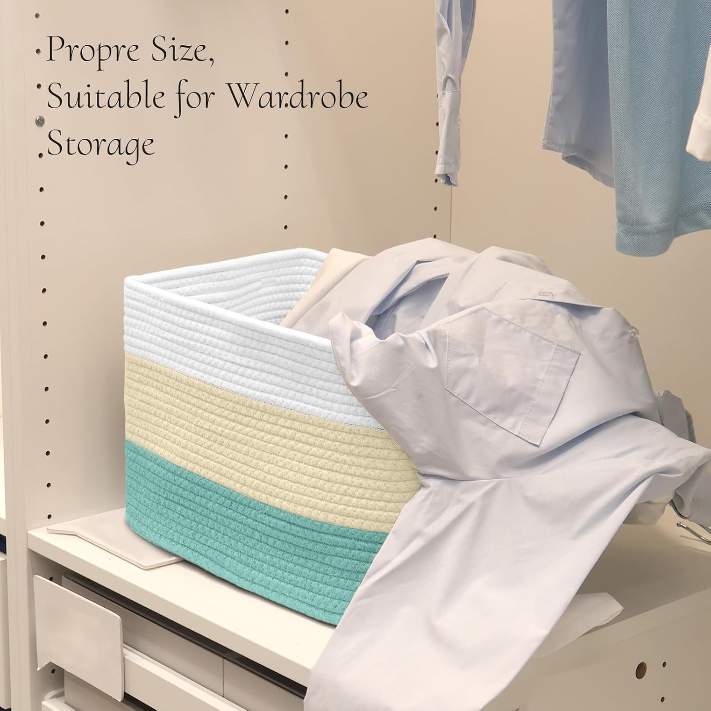 Hopegiver Woven Storage Baskets 15x11x10 Inch, 1 Pack Collapsible Cube Storage Bin for Shelves - Foldable Cotton Rope Organizer Bins for Towels, Toys, Books, Closet, Nursery (White Cream Green)