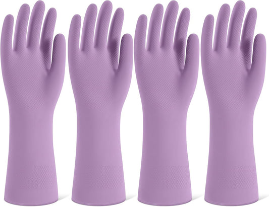 Rubber Cleaning Gloves for Dishwashing, 4 Pairs Reusable Kitchen Gloves for Washing Dishes and Household Cleaning, Purple Dish Gloves with Flocked Lining and Non-Slip Grip, Pefect for Woman Men - L