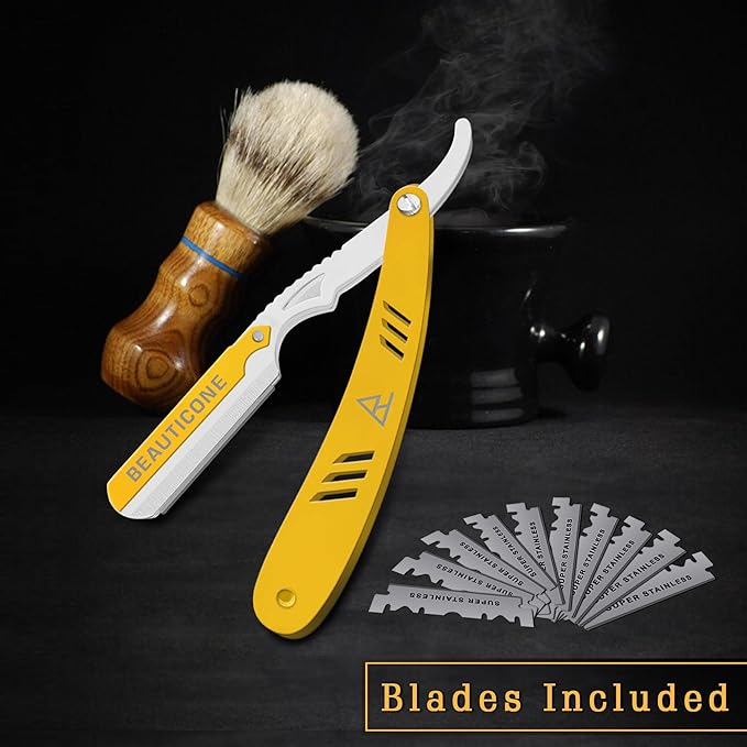 BEAUTICONE Straight Razors for Men, Straight Edge Razor, 100 Single Edge Blades, Stainless Steel, Barber Razor for Men's Shaving, Barber Shaving Knife