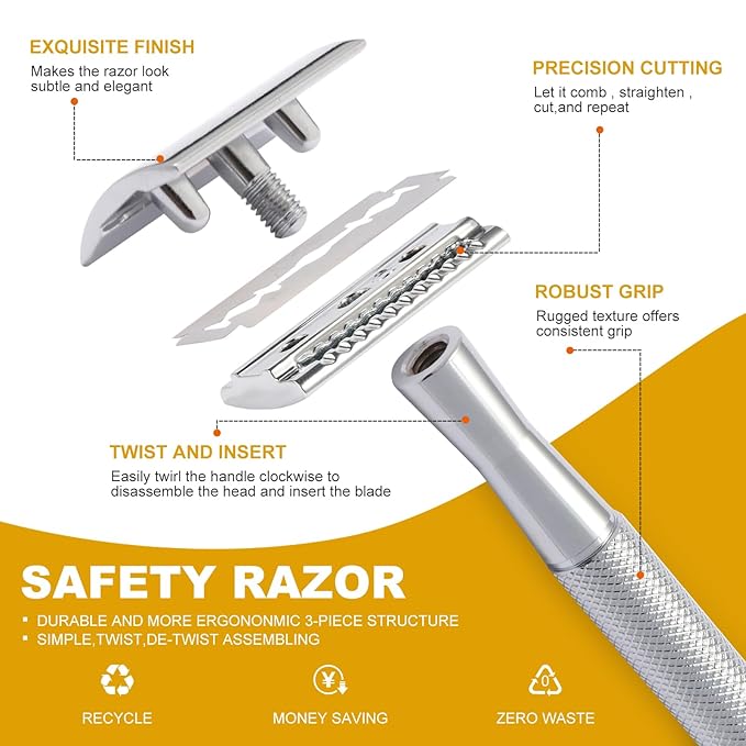Double Edge Razor, Safety Razor With 10 Premium Stainless Steel Reusable And a Beard Bib,Transparent Packaging Box Single Blade Razors For Men and Women, Smooth Wet Shave Experience,Silver