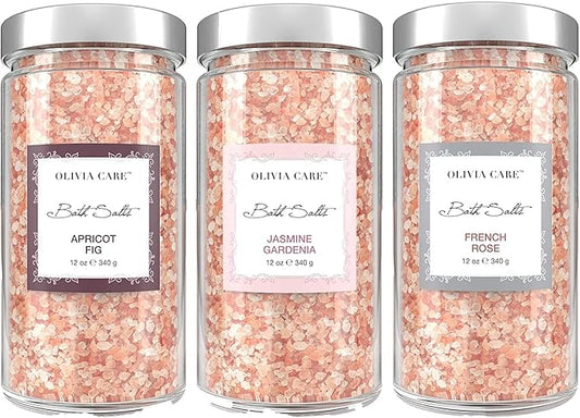 Olivia Care Pink Himalayan Bath Salts - Relieves & Relax Muscles. Exfoliate, Heal, Rejuvenate, Cleansing & Soothes Skin | Made with Natural Ingredients. Fresh Fragrance - 12 OZ (Mixed, 3 Pack)