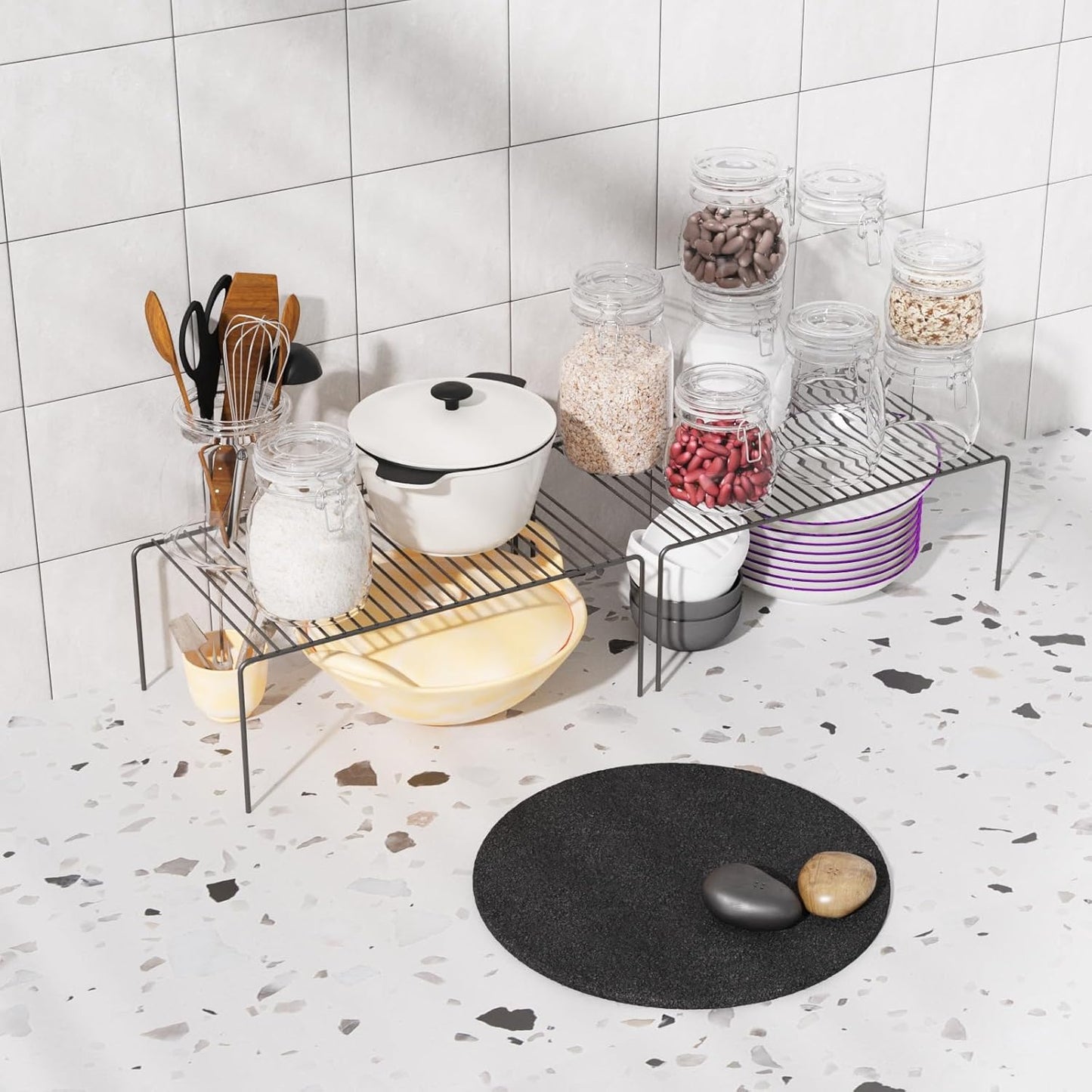 Large(15.7 x 9.4 inch)Black Cabinet Storage Shelf Rack Set of 2, Rustproof Metal Wire Kitchen Counter Organizers and Storage, Spice Organization for Cabinet, Plate, Dish, Pantry, Bathroom, Fridge