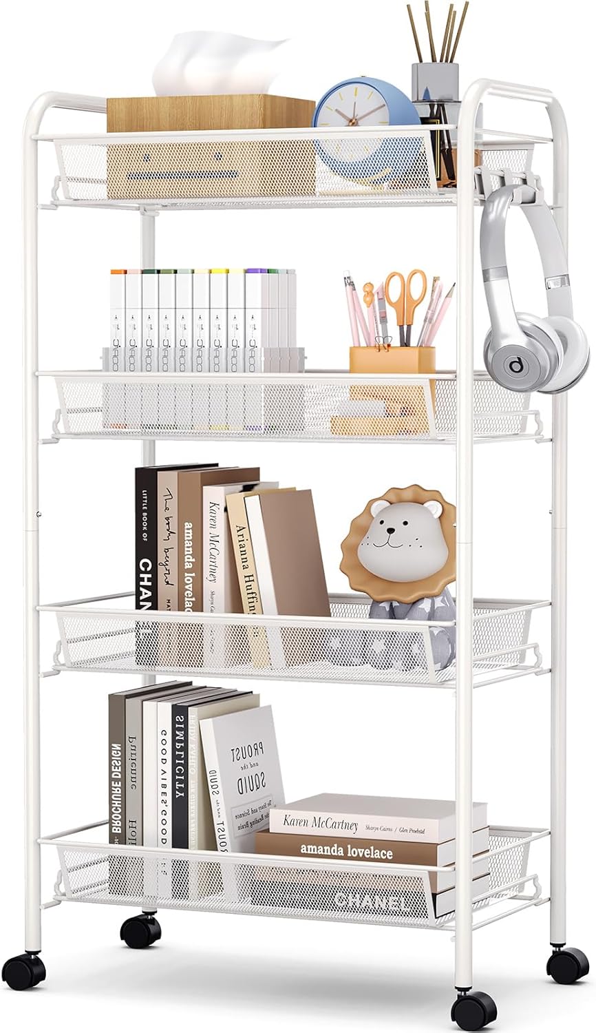 TOOLF 4-Tier Rolling Cart, Metal Utility Cart with 3 Hooks, Easy Assemble Mobile Storage Trolley On Wheels, Metal Shelving Units Kitchen Bathroom Laundry Room