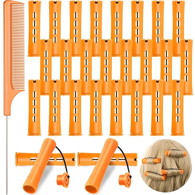 24 Pieces Hair Perm Rods Plastic Cold Wave Perming Curlers Hair Rollers with Steel Pintail Comb Rat Tail Comb Tools for Hairdressing Styling(Orange,0.87inches)