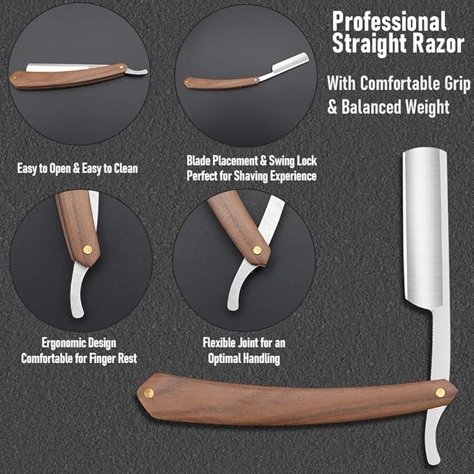 Straight razors for men Professional Straight Edge Barber Razor Premium Stainless Steel Shaver Razor with Shaving Strop for Men Home & Salon Grooming Using (NO.181)