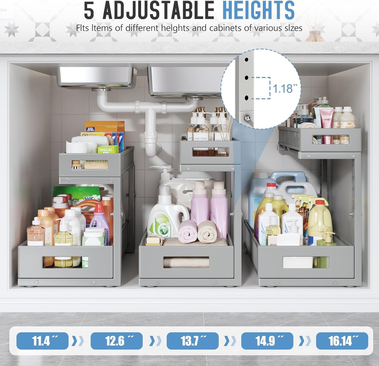 2 Pack 19IN Depth Under Sink Storage Organizer, Large 2-Tier Elegant Mesh Pull Out Shelf for Kitchen and Bathroom Cabinet Organization, L-Shaped and Adjustable Height Design-Gun Gray