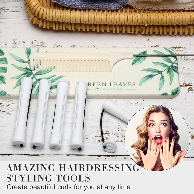 24 Pieces Hair Perm Rods Plastic Cold Wave Perming Curlers Hair Rollers with Steel Pintail Comb Rat Tail Comb Tools for Hairdressing Styling(White,0.63 Inches)
