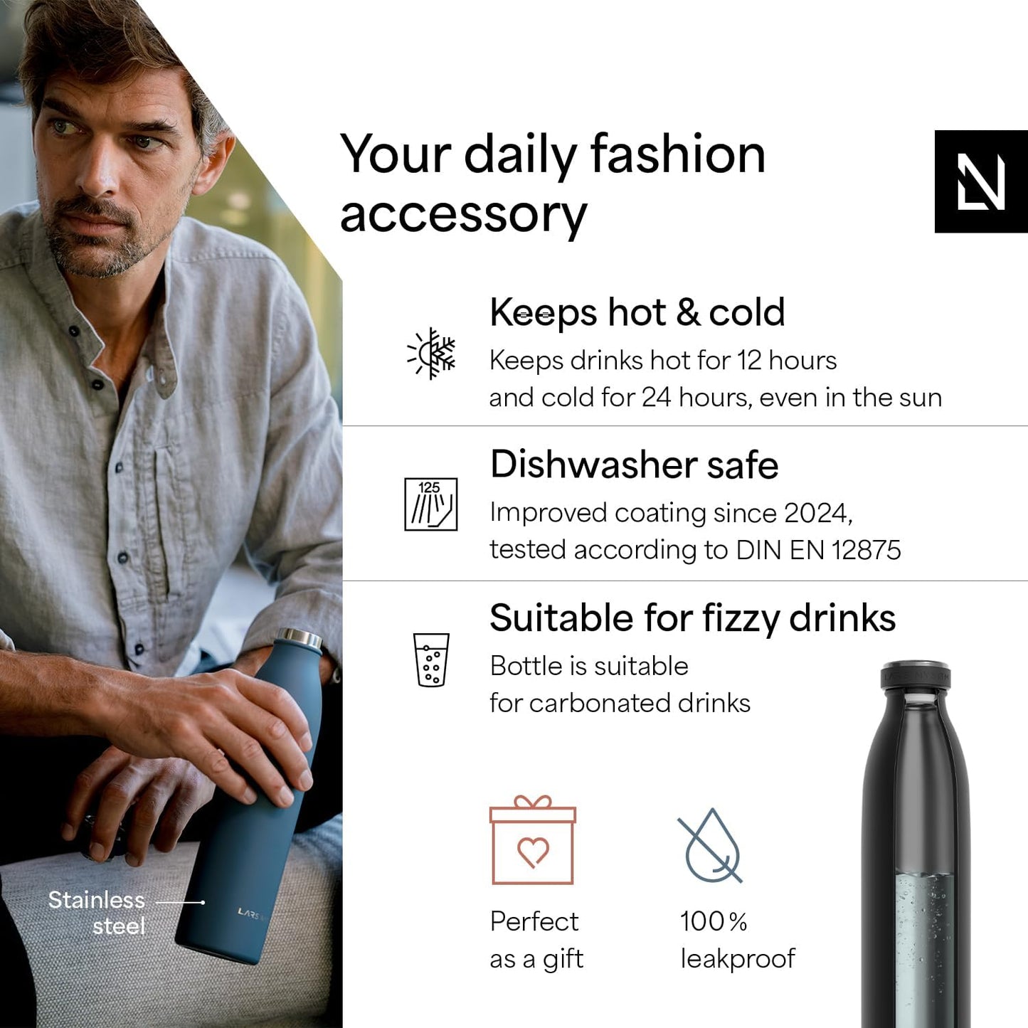LARS NYSØM Stainless Steel Insulated Water Bottle 12oz 17oz 25oz 34oz 51oz | Insulated Thermo Flask for Hot and Cold Beverages | Leakproof Drinking Bottle (Carbon Black, 33.9oz)