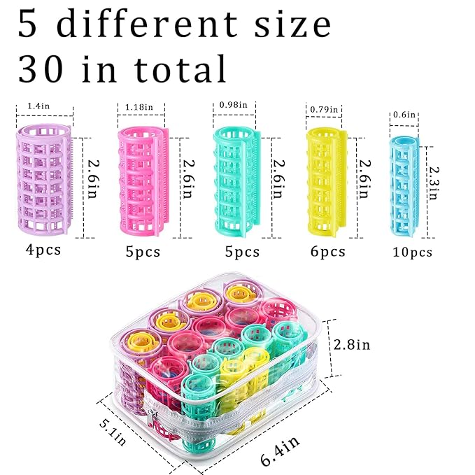 30Pcs Plastic Hair Curlers Snap on Rollers, Self Grip No Heat Curlers Set - Plastic Rollers for Short Hair, Curlers for Fine Thin Hair Curling Rods DIY Hair Styling and Salon Use(5 Sizes)