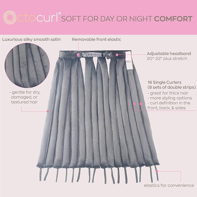 Octocurl Satin Hair Curlers - Heatless Curls Overnight - Headband Curlers for Short Hair (Satin - Black)