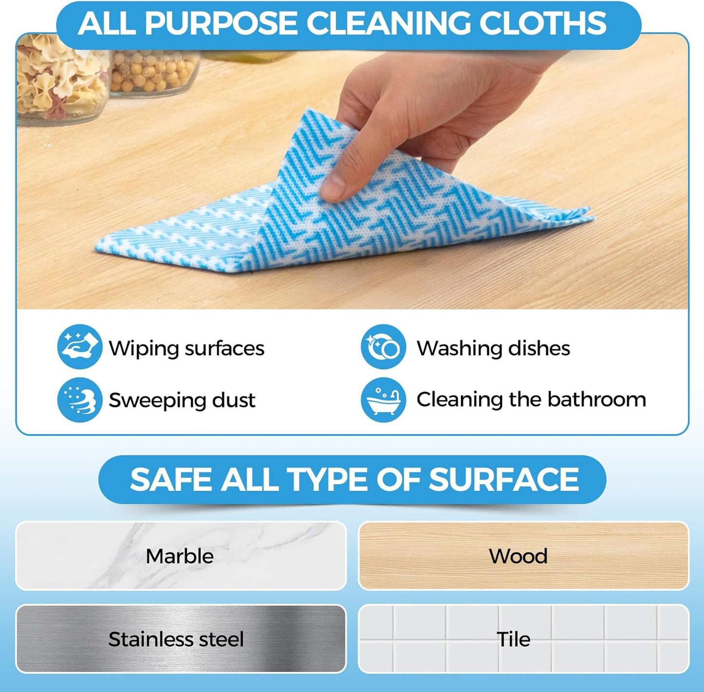 Handi Wipes Reusable Cloths Disposable Cleaning Towels Dry Kitchen Wipes Reusable Dish Towel Washcloths Dry Fast Multi-Purpose Heavy Duty Towels, Thick and Absorbnet, Blue, Pack of 120