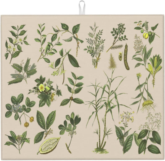 Vintage Plants Herbs Floral Color Microfiber Dish Drying Mat For Kitchen Countertop Absorbent Reversible Drainer Rack Pad 18 X 16 Inch