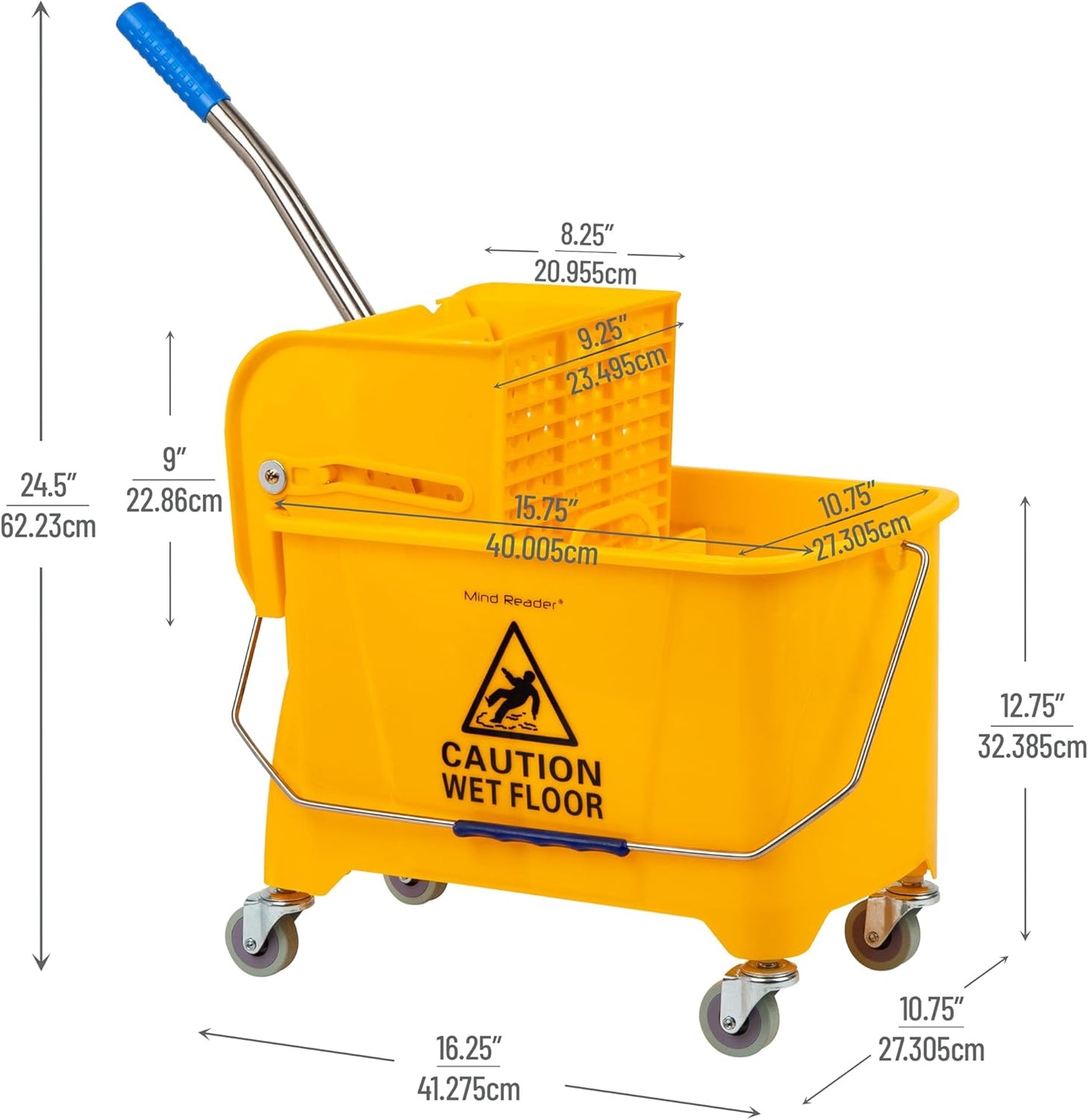 Mind Reader Mop Bucket with Wringer, 22 Qt (5.5 Gallon), Floor Cleaning, Handle, Wheels, 16.25"L x 10.75"W x 24.5"H, Yellow