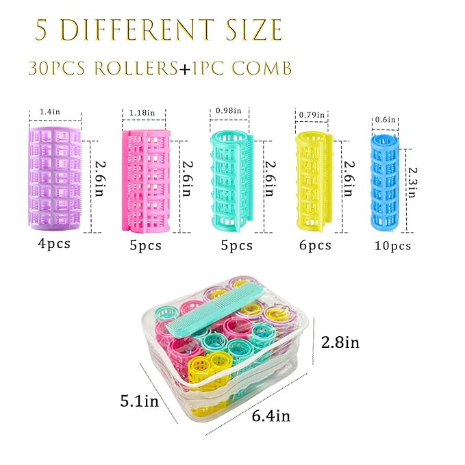 30Pcs Plastic Hair Rollers Set, Snap on Rollers Self Grip Hairdressing Curlers No Heat Rollers for Long Medium Short Thin Fine Hair with Mini Comb (5 Sizes)