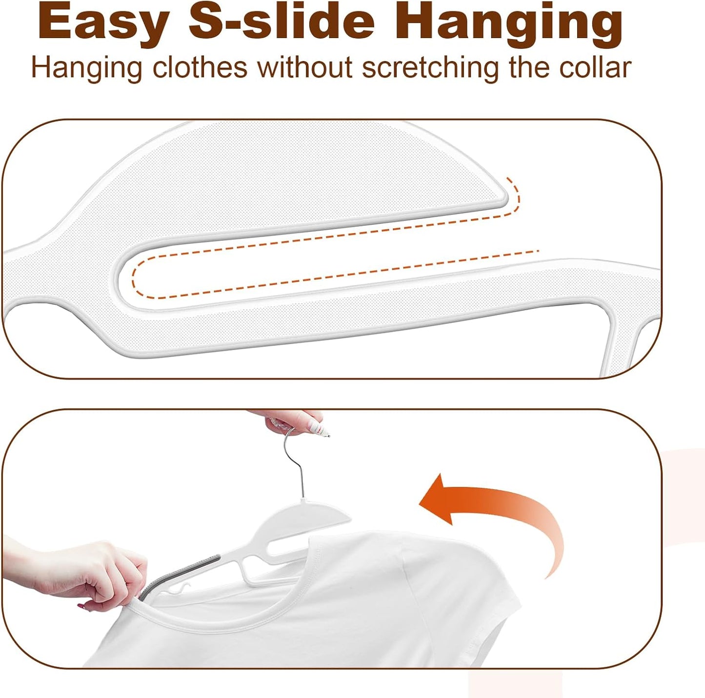 HOUSE DAY White Plastic Hangers 50 Pack, Slim Space Saving, Non Slip Hangers with Rubber Pads, Heavy Duty Coat Hanger for Closet, Prevent Stretching S-Shaped Clothes Hanger for Shirt, Suit, Pants