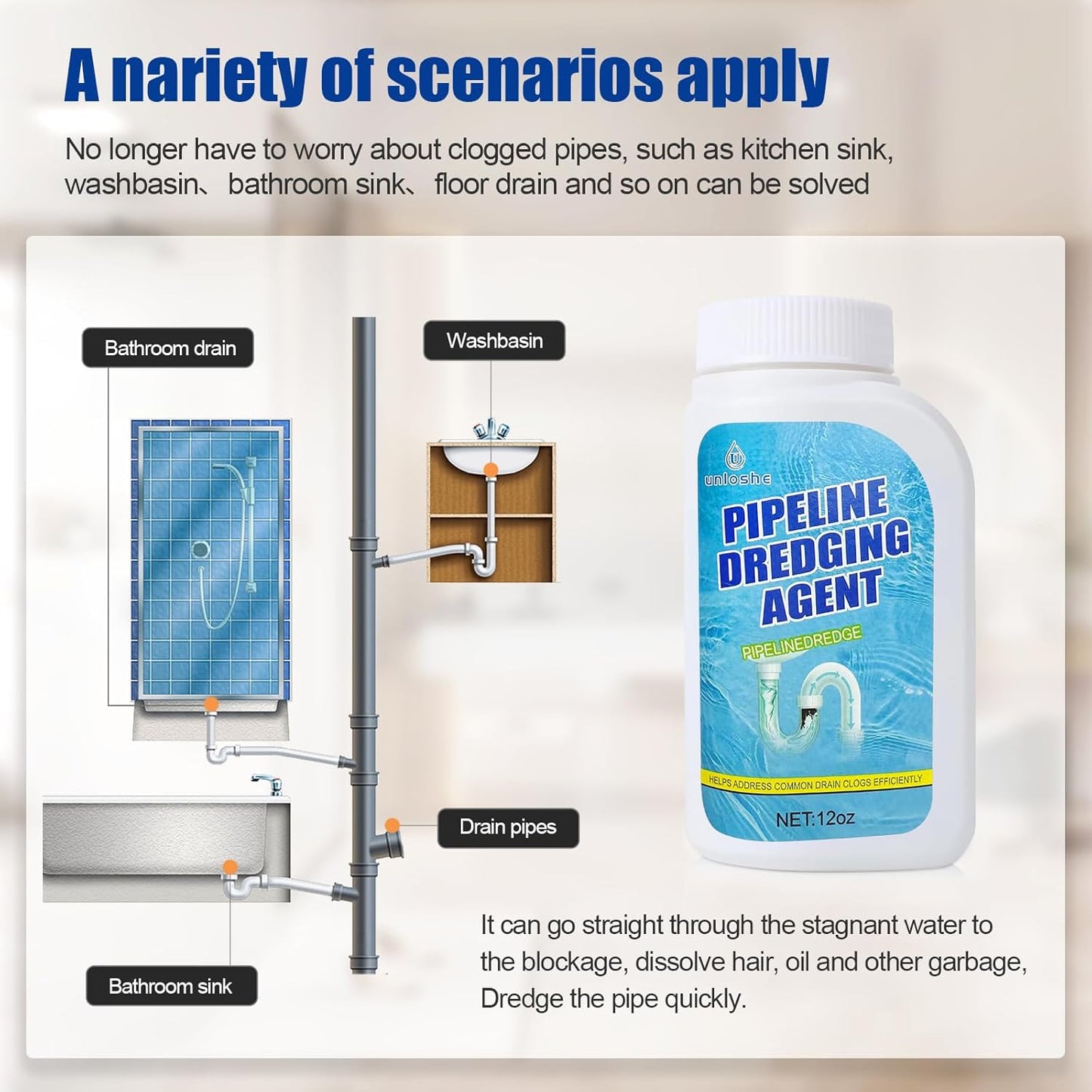 Pipeline Dredging Agent, Drain Clog Remover, Powerful Unclog Sink Drain Cleaner, for Kitchen Bathroom Sinks, Tubs Pipe Cleaning Tool (1PCS)