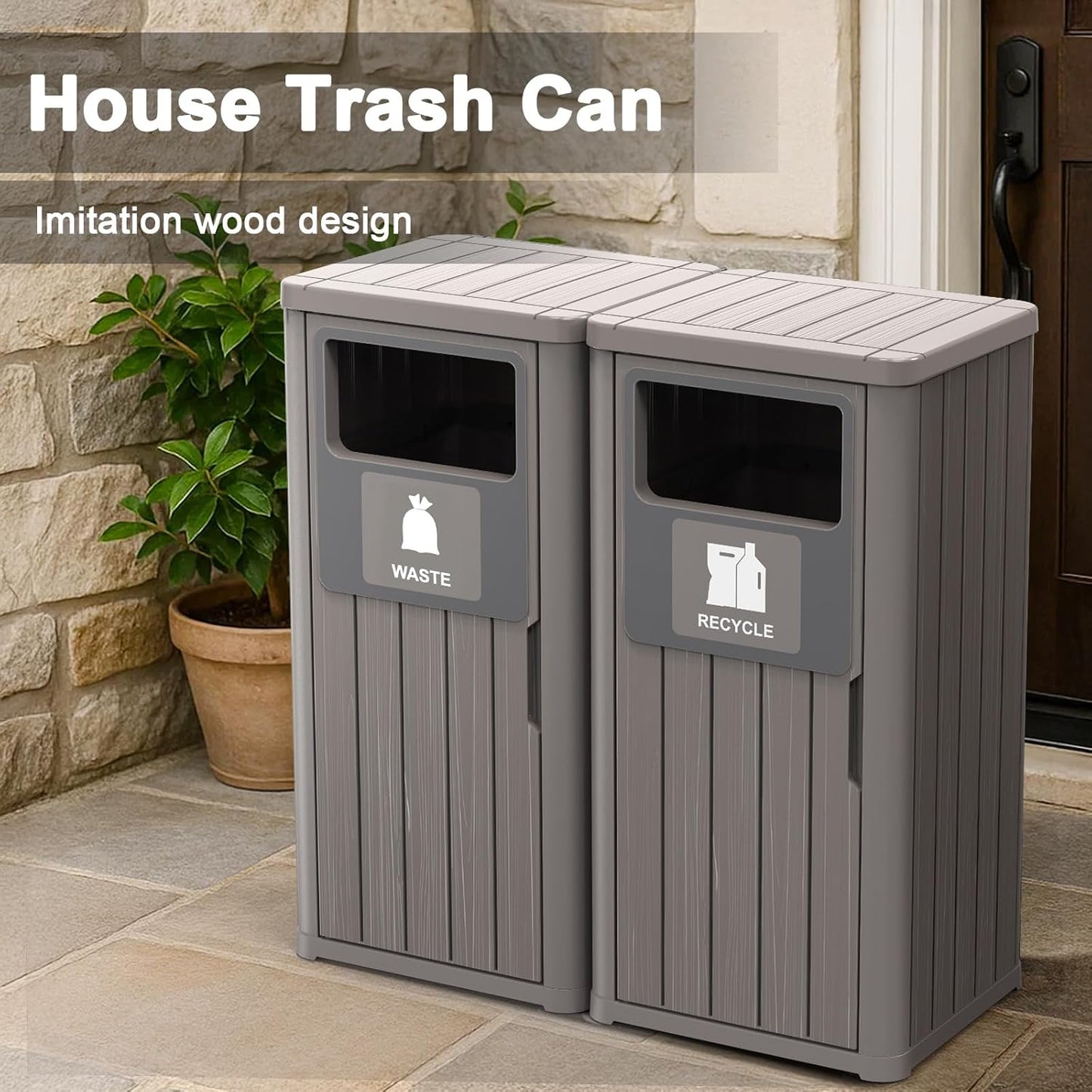 Outdoor Double Barrel Trash Can,Waterproof Resin Garbage Can with Garbage Labels,Durable Waste Bin for Porch, Backyard,Kitchen,for 30 to 39 Gallon Trash Bags