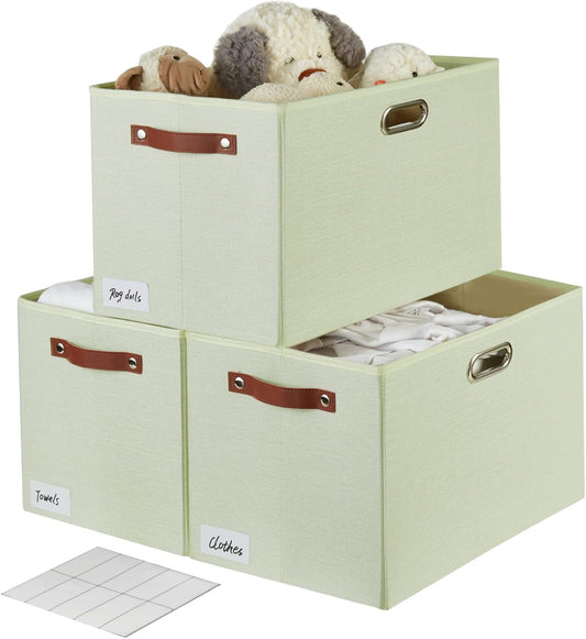 3-Pack Foldable Fabric Storage Bins with Durable PU & Metal Handles, Collapsible Storage Baskets for Shelves, Home Storage, Closet Organizers, Living Room(17"x11.8"x11.8", Sage Green)