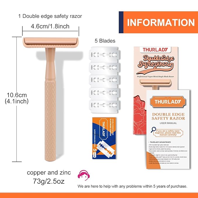 Beige Safety Razor - Single Blade Razors for Women - Reusable Metal Razor, with 5 Stainless Steel Double Edge Blades, Smooth Close Shave, Sustainable, Plastic Free
