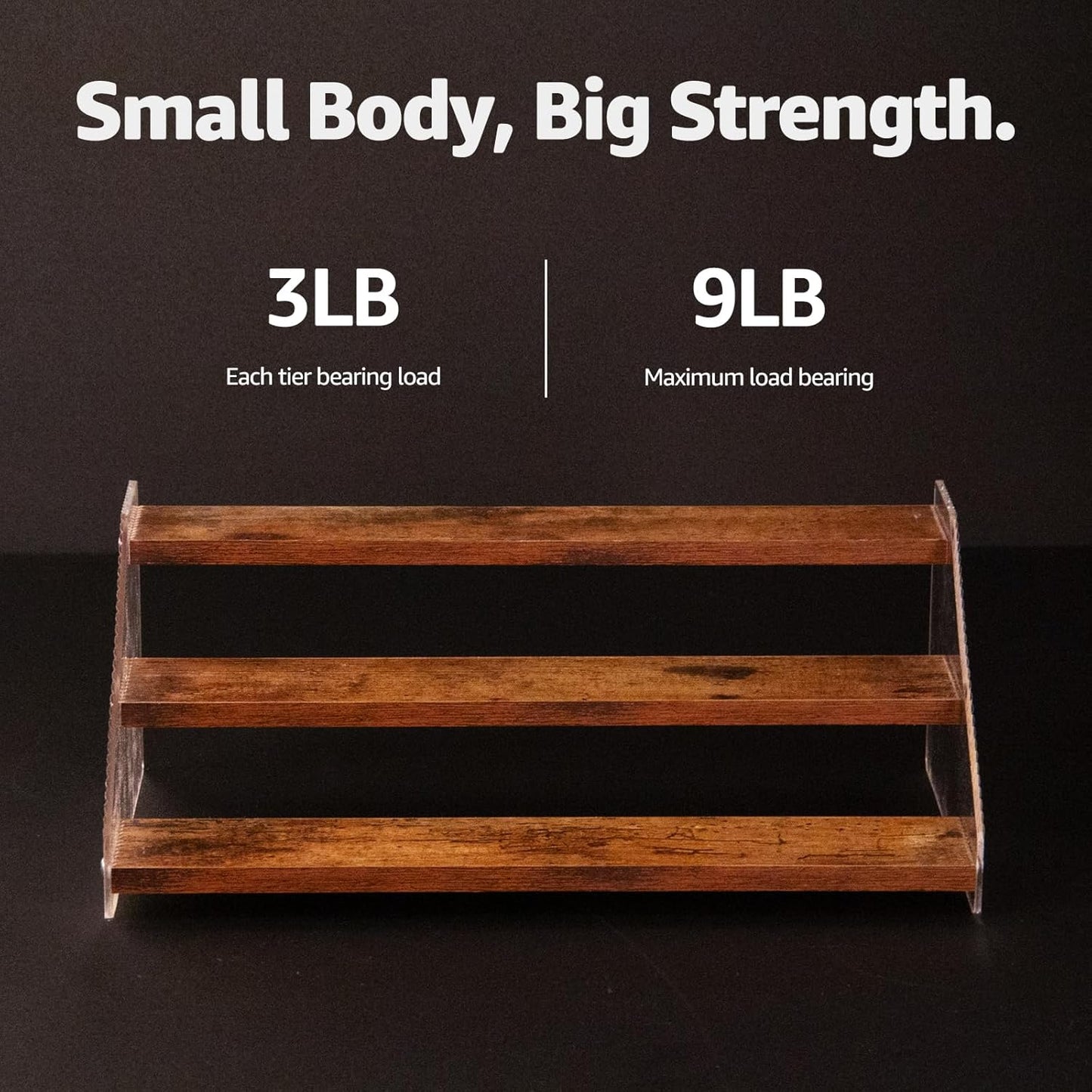 nianfeng Tiered Spice Rack, 3-Tier Spice Pantry Kitchen Cabinet Organizer, 12-Inch, Natural Wood Acrylic Stair Riser Stand, Countertop Seasoning Shelf (Rustic Brown)