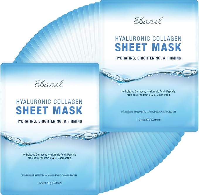 Ebanel 40 Pack Collagen Face Mask with Hyaluronic Acid, Vitamin C, Peptide, Aloe, Instant Brightening Hydrating Face Masks Skincare Korean Sheet Mask, Skin Firming, Lifting Anti Aging Facial Masks