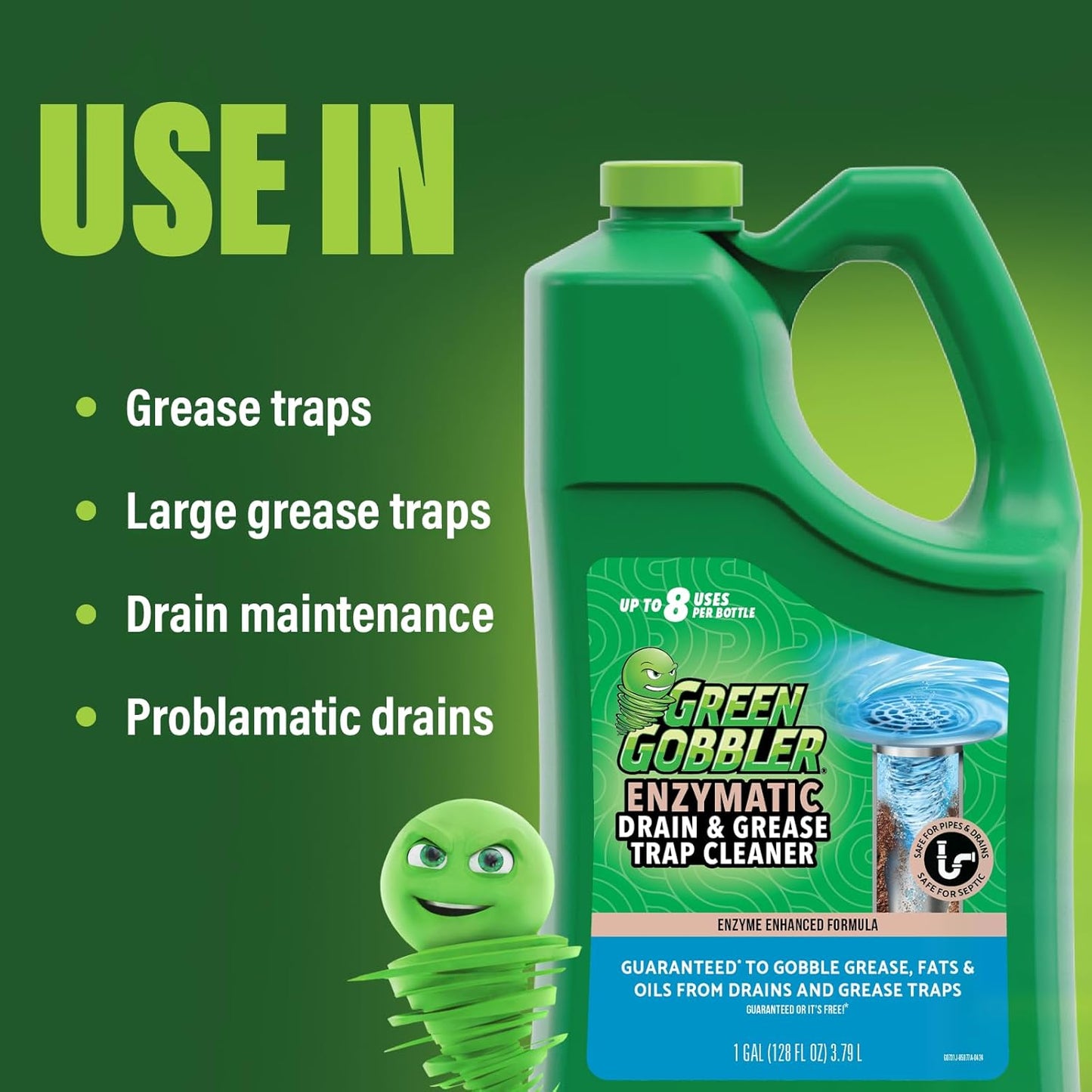 Green Gobbler Enzyme Drain Cleaner | Controls Foul Odors & Breaks Down Grease, Paper, Fat & Oil in Sewer Lines, Septic Tanks & Grease Traps | 1 Gallon