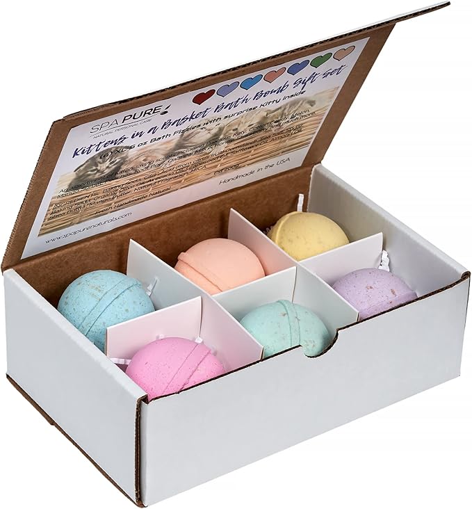 Spa Pure Kittens in Basket: 6 Adorable Kittens Hiding Inside Each Colorful Bath Bomb, XL 5 oz Each (6 Count) Pack of 1, Multicolor