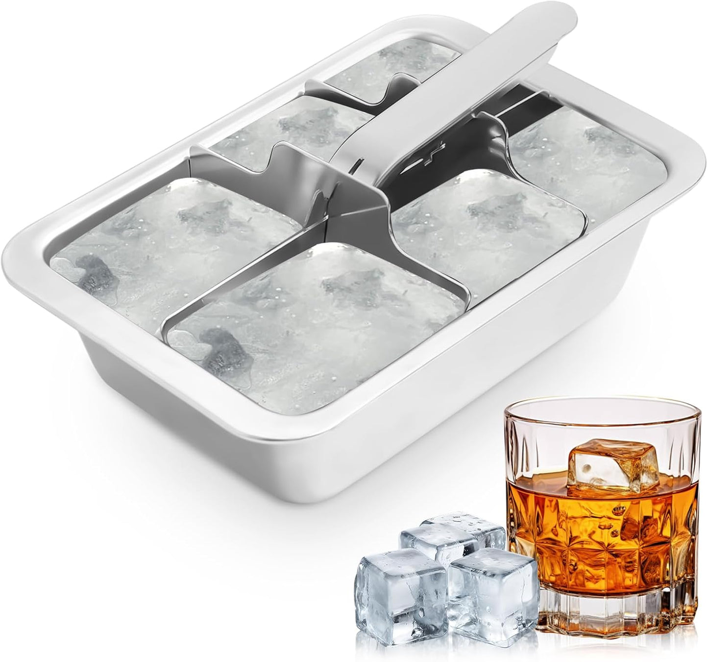 Professional Ice Cube Trays Stainless Steel - 6-Large Slot Heavy Duty Metal Icecube Mold, Non-Toxic Freezer Tray with Lever Release, Bar & Kitchen Use, Send Goods from Local Warehouse