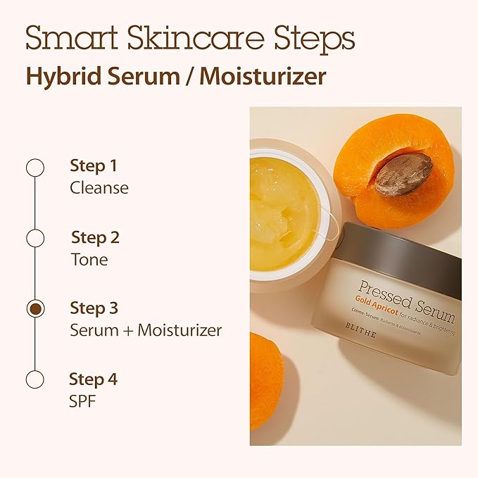 BLITHE Pressed Serum Gold Apricot Glass Skin Korean Skincare Moisturizer/Serum - Niacinamide Serum for Natural Glow & Radiance, Face Serum for Women 1.68 Fl Oz