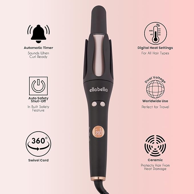 ELLA BELLA® Automatic Rotating Curling Iron • Auto Hair Curlers • Easy to Use • Digital Display to Accurately Control Temperature • Transform Your Look in Seconds • Ideal for Longer Hair