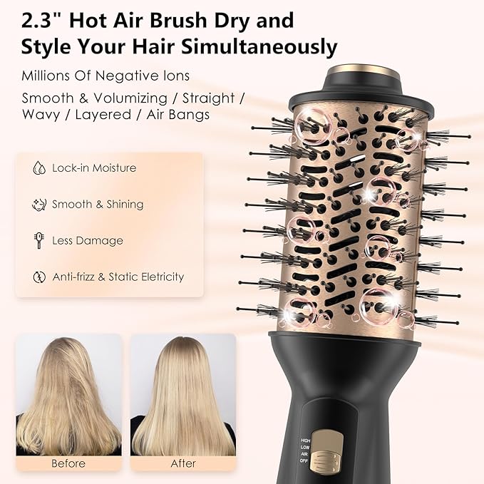 4-in-1 Dual Voltage Hair Dryer Brush, Mini Auto Blow Dryer Brush for European Travel(100-240V), 2 Inch Hot Air One Step Hair Dryer and Styler for Volumizer/Straightener/Curler with EU&UK Plug