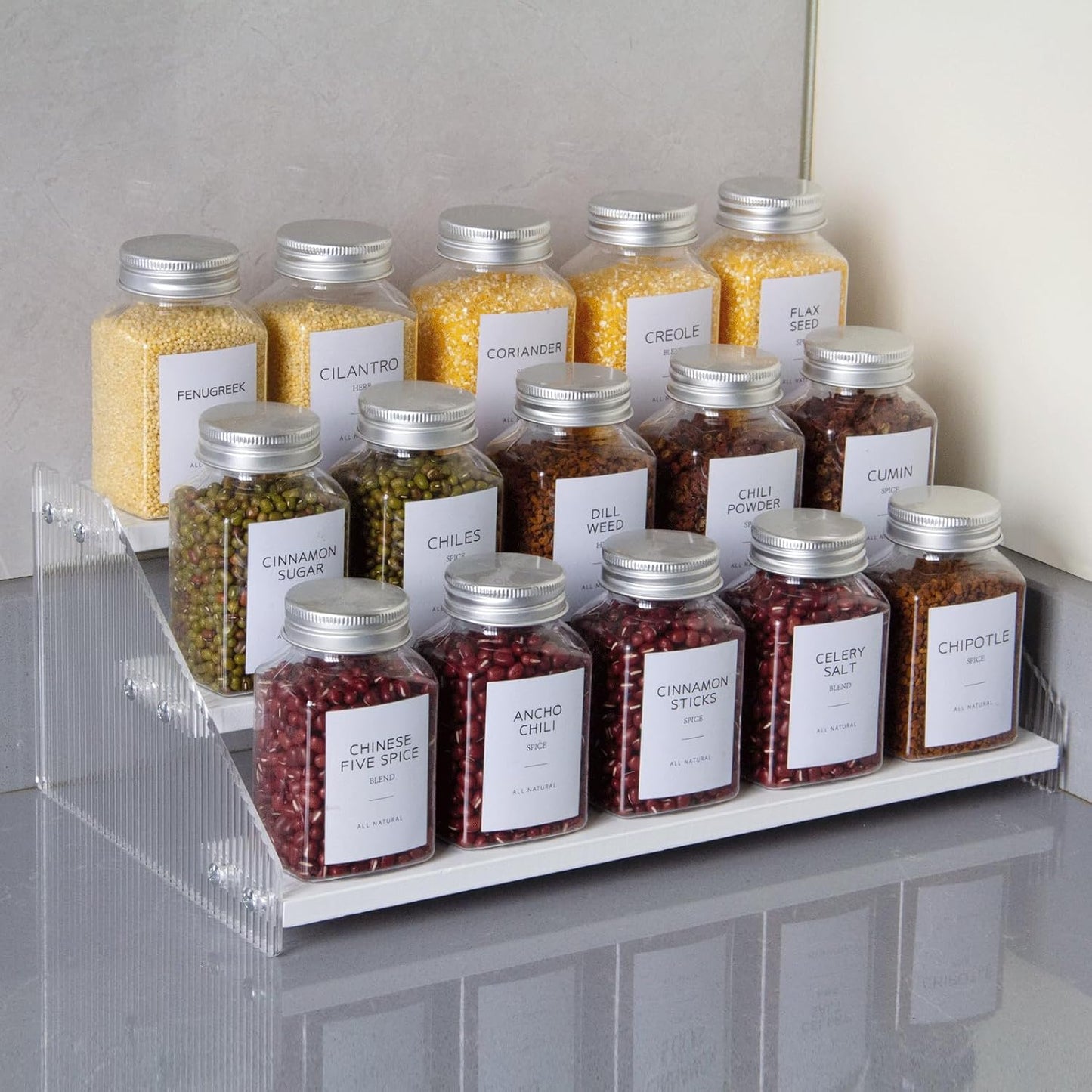 nianfeng Tiered Spice Rack, 3-Tier Spice Pantry Kitchen Cabinet Organizer, 12-Inch, Natural Wood Acrylic Stair Riser Stand, Countertop Seasoning Shelf (White)