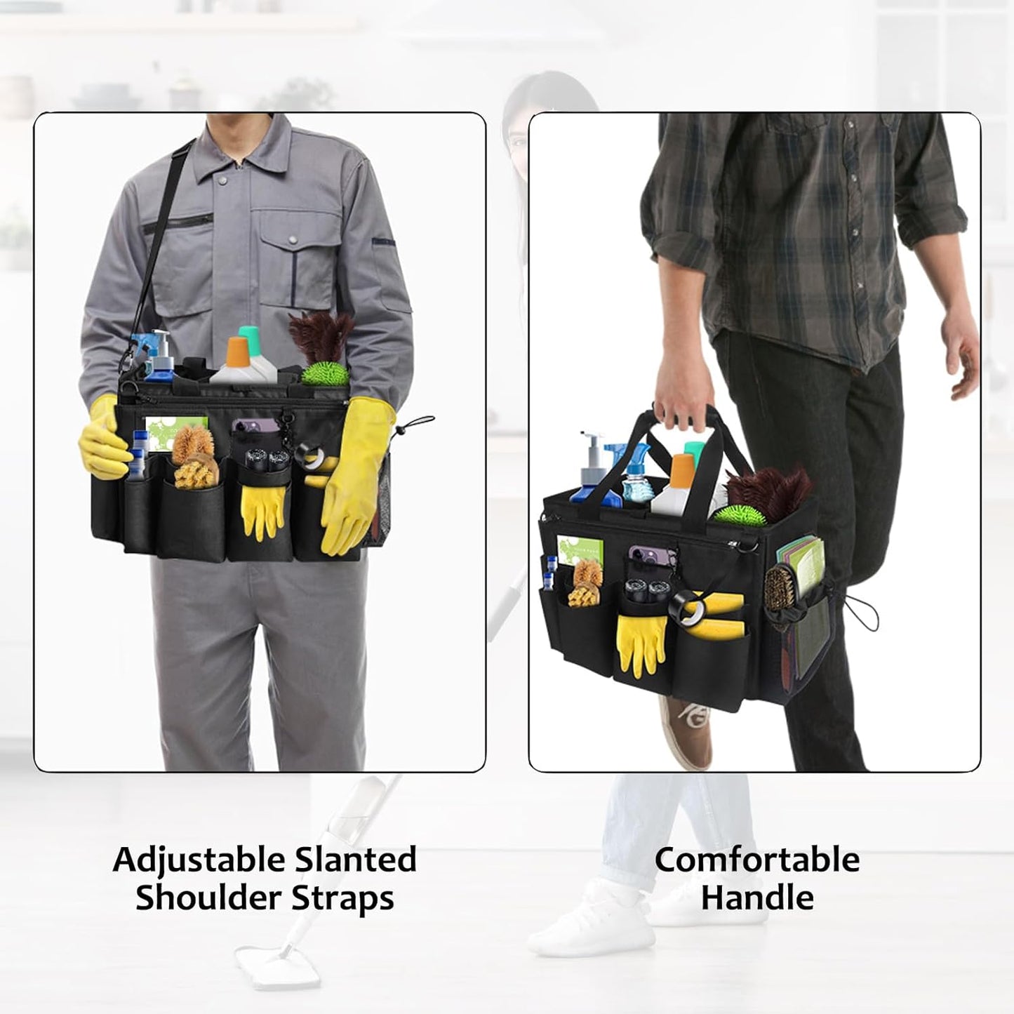 Qivine Cleaning Caddy with Handle, Cleaning Supply Caddy Foldable Tool Bag Cleaning Products Organizers Portable Cleaning Bucket Organiser for Storing Towels（Black Square）