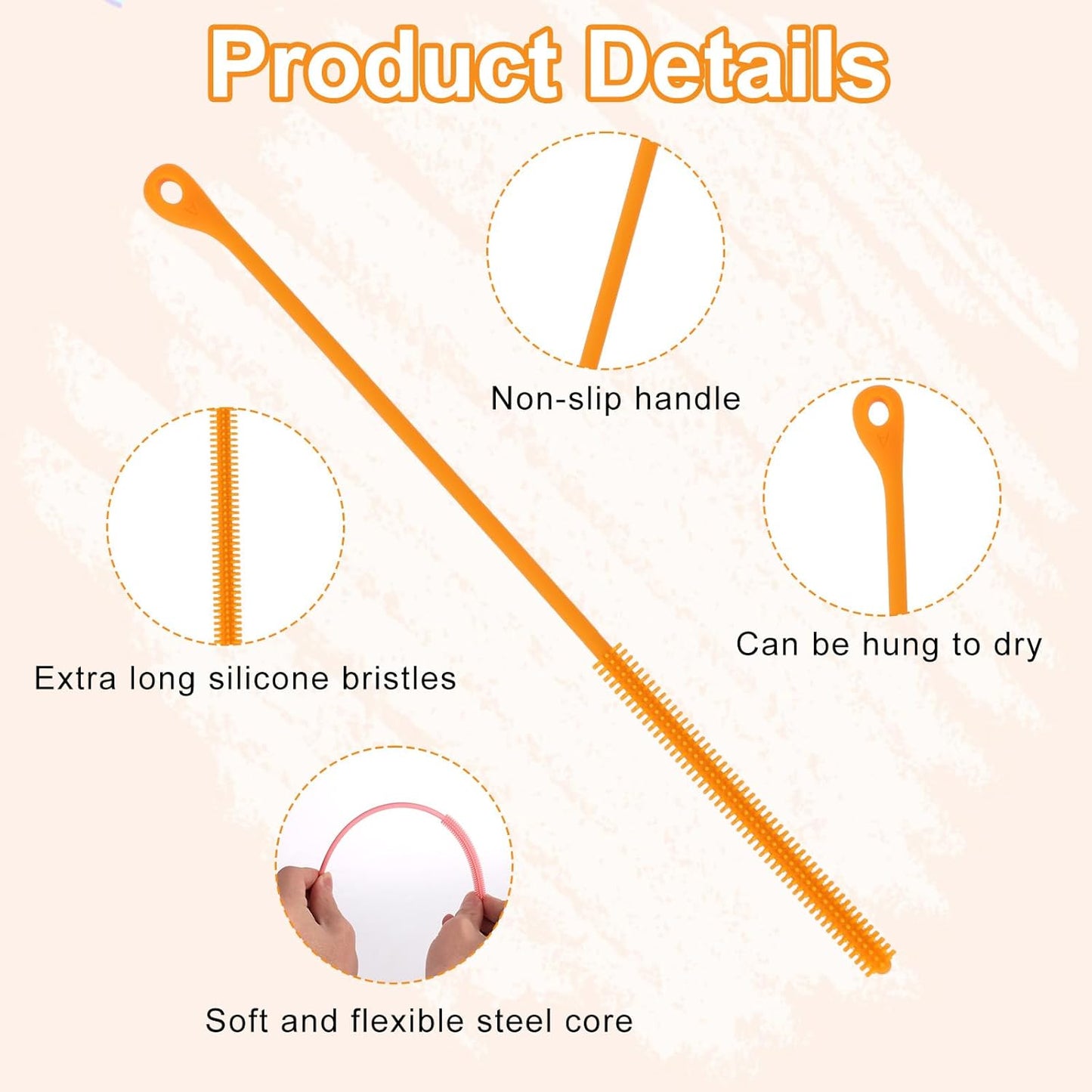 2pcs Silicone Straw Cleaner Brush, 9.44in Extra Long Reusable Straw Brush for Stanley, Metal, Glass Straws, Bendable Travel Drinking Bottle Lid Cleaning Tool for Crevice Pipe Tube (Pink,Orange)