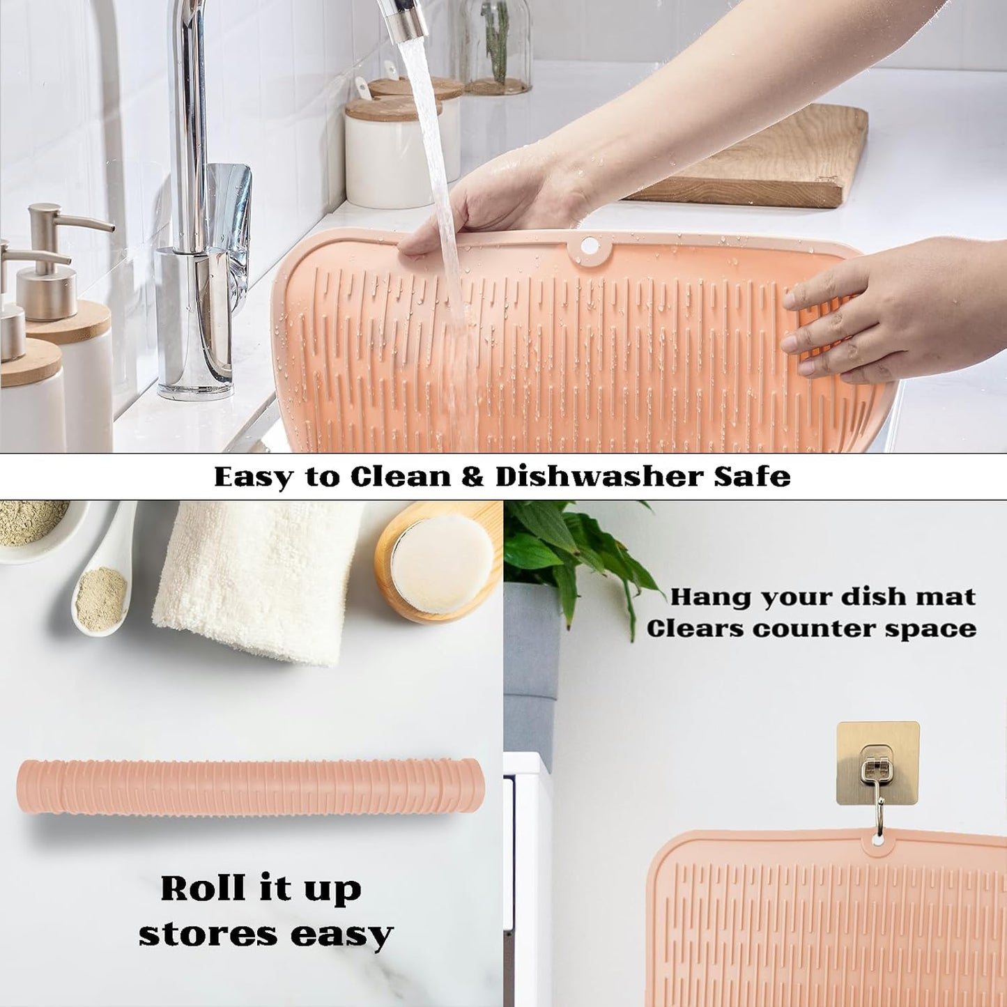 ZLR Silicone Dish Drying Mat for Kitchen Counter, Eco-Friendly Fast Dry Dish Mat, Easy Clean Multi Usage Drying Matt, Heat Resistant Trivet, 16" x 18" XL, Peach Pink