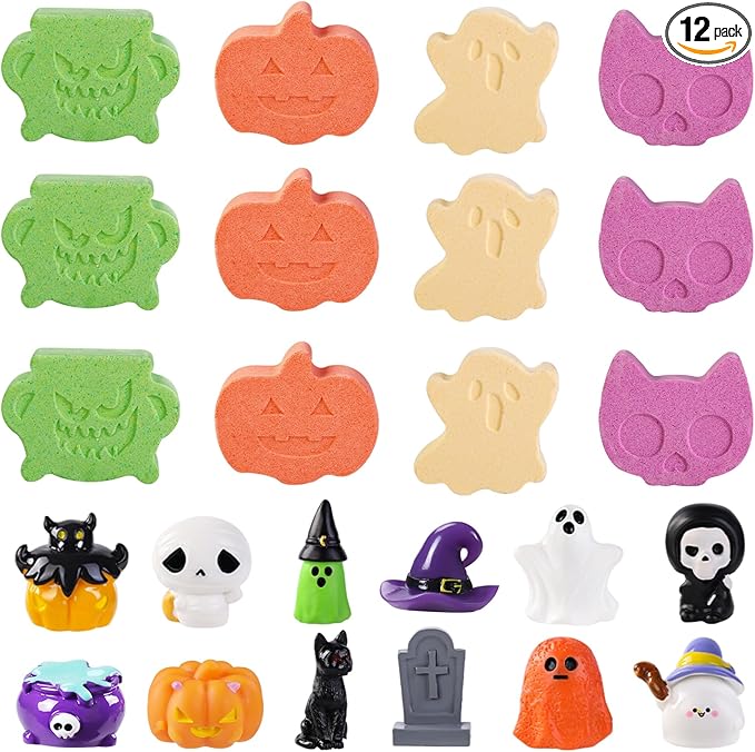 12Pcs Halloween Bath Bombs with Surprise Toys Inside, Trick or Treat Present Set Ghost Shape Organic Natural Bubble Bath Fizzy for Kids Boys Girls
