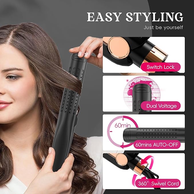 SKIMI Airflow Styler, Titanium Flat Iron Hair Straightener, Professional Curling Iron with Cooling Air Vents to Lock in Style, 5 Temps & Dual Voltage, Auto Off(Black & Champagne).