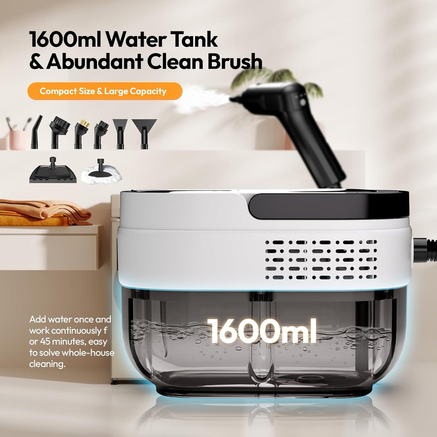 Steam Cleaner for Home, 2500w Steam Cleaner, High Pressure Steamer for Cleaning, 1.6L Water Tank, 3 Level Steam Control, High Heat Handheld Steamer for Kitchen, Bathroom, Upholstery, Car, Furniture