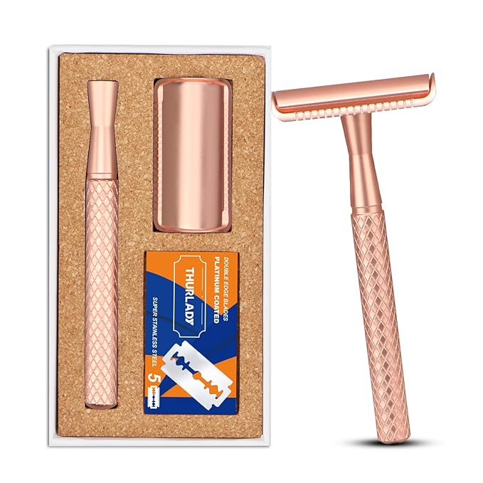 Rose Gold Safety Razor - Single Blade Razors for Women - Reusable Metal Razor, with 5 Stainless Steel Double Edge Blades, Smooth Close Shave, Sustainable, Plastic Free