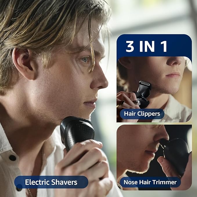 Cordless Electric Razor for Men: 3-in-1 Shaver for Beard/Nose/Sideburns - IPX7 Waterproof Travel Kit - Turbo Speed & Precision Blades, Texture Black