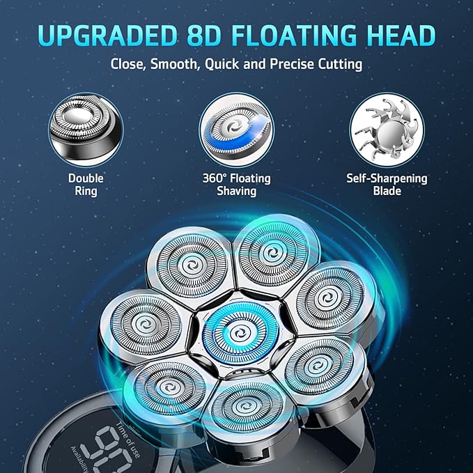 Head Shavers for Bald Men, 8D Upgraded 6-in-1 Bald Head Shaver, Waterproof Bald Head Shavers for Men Wet/Dry Use, LED Display Electric Razor Type-C Charging 360°Close Shave