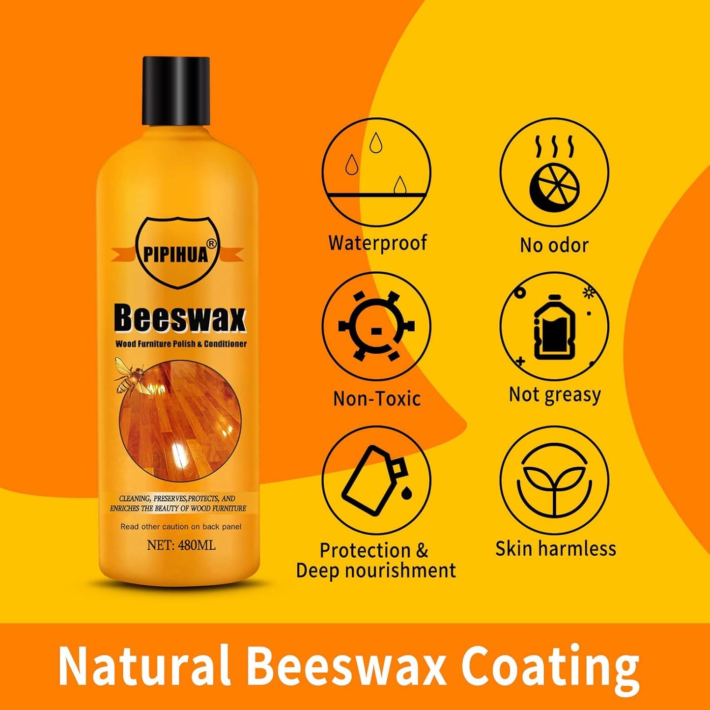 PIPIHUA Beeswax Polish and Conditioner for Wood Furniture - Waterproof & Restorer Wood Wax, Multipurpose Beeswax Furniture Polish and Cleaner for All Types and Colours, 16.23 Fl Oz