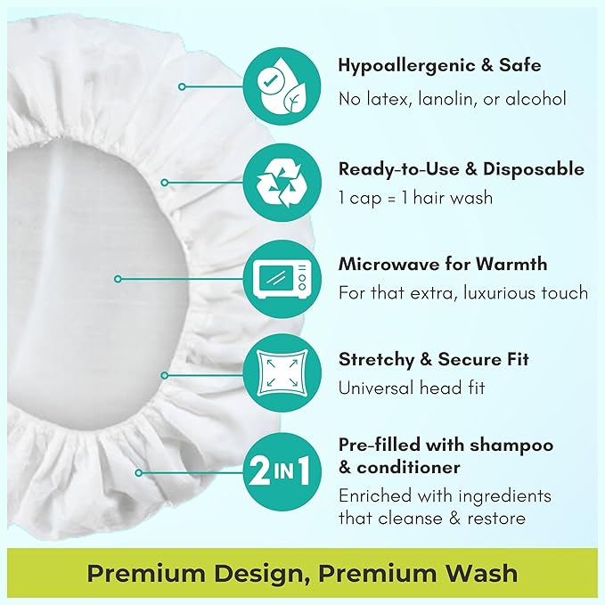 No Water Rinse Free Shampoo Cap by Nurture | Microwavable Hair Washing & Conditioning Shower Caps | Waterless Bathing | Disposable & Hypoallergenic for Adults, Bedridden & Elderly
