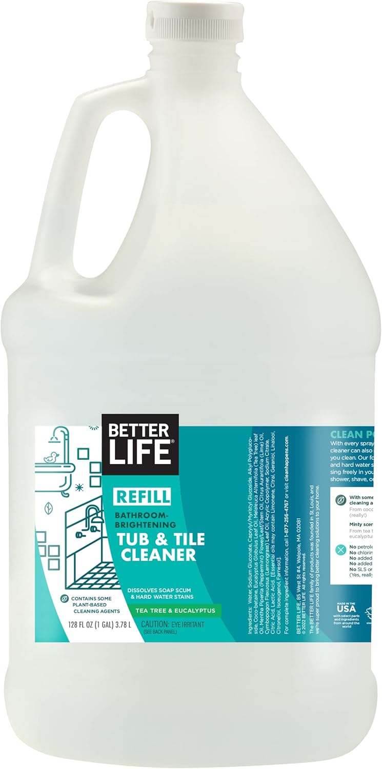 BETTER LIFE Bathroom Cleaner - Tea Tree Bathtub & Shower Cleaner Spray for Glass and Tile - Foaming Mold and Mildew Remover for Tub Works on Hard Water Stains - 1 Gal Refill