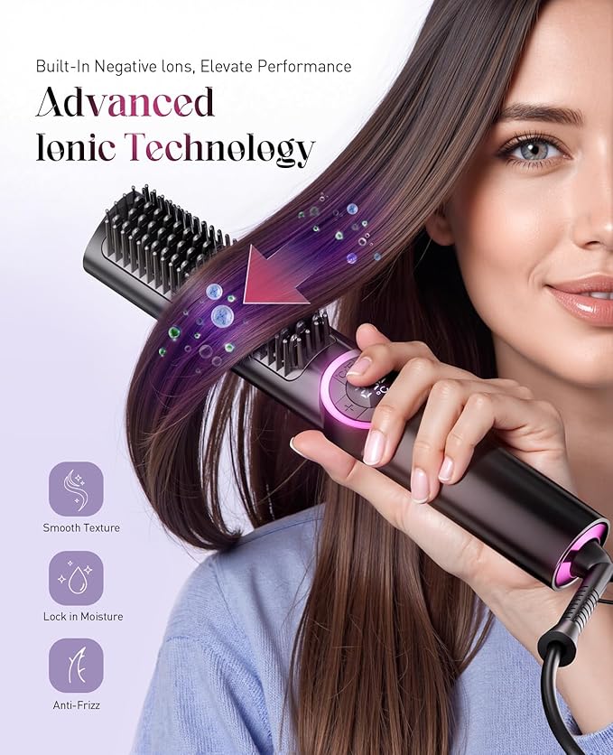 Hair Straightener Brush for Women: Negative Ionic 3-in-1 Curling & Straightening Brush, Ceramic Hot Comb with 16 Temps for Hair Styling