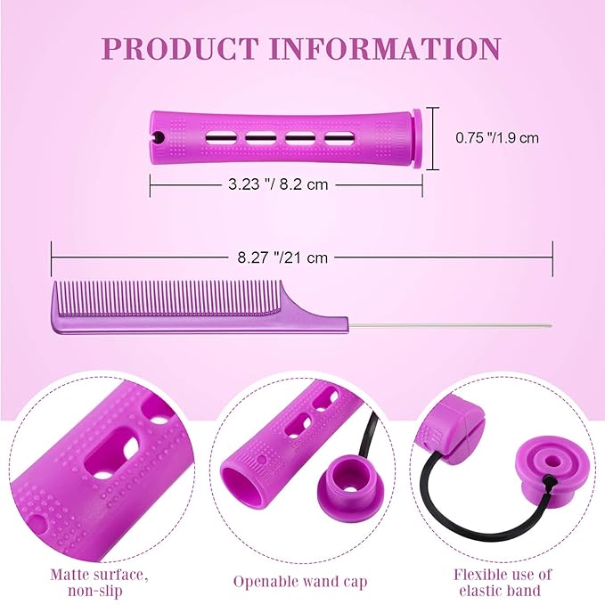 24 Plastic Hair Perming Rods and Curlers with Steel Pintail Comb for Hairdressing Styling (0.75 Inches, Purple)